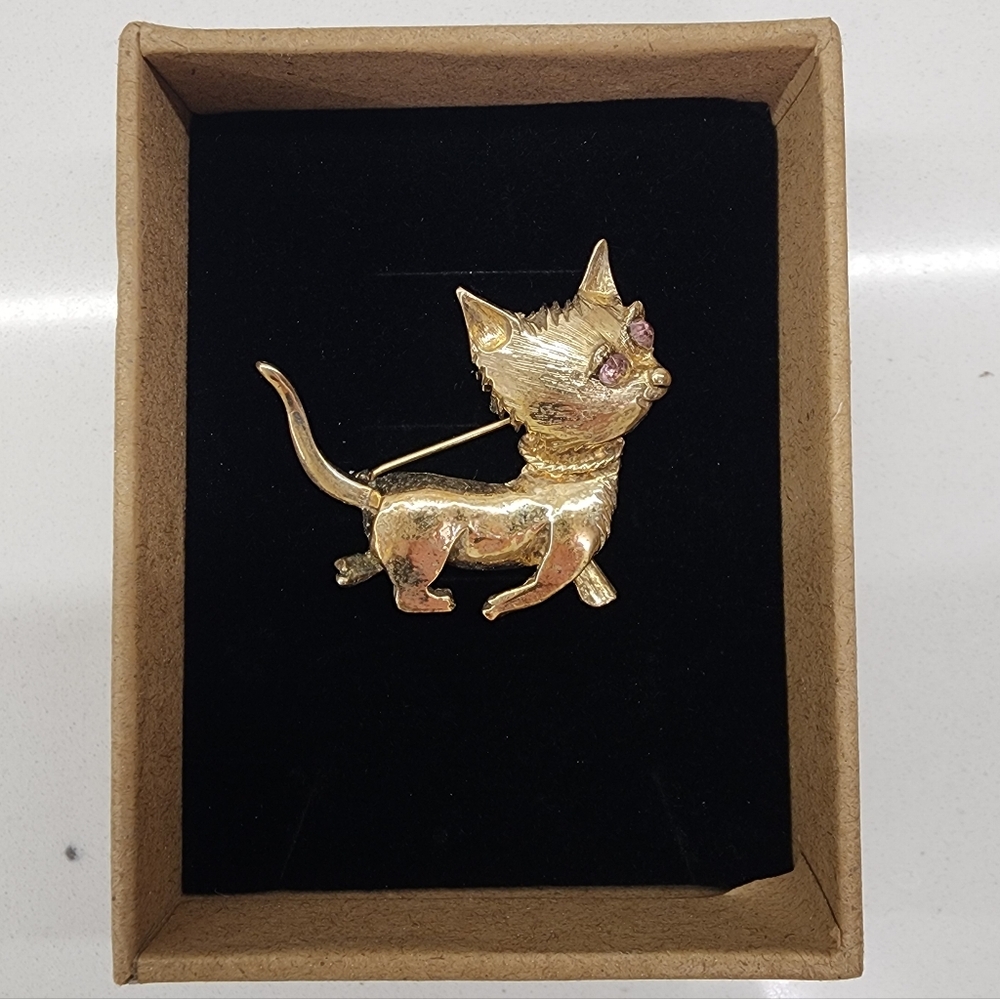 60s 70s Vintage Danecraft Sterling Silver Cat Brooch with Gold Wash